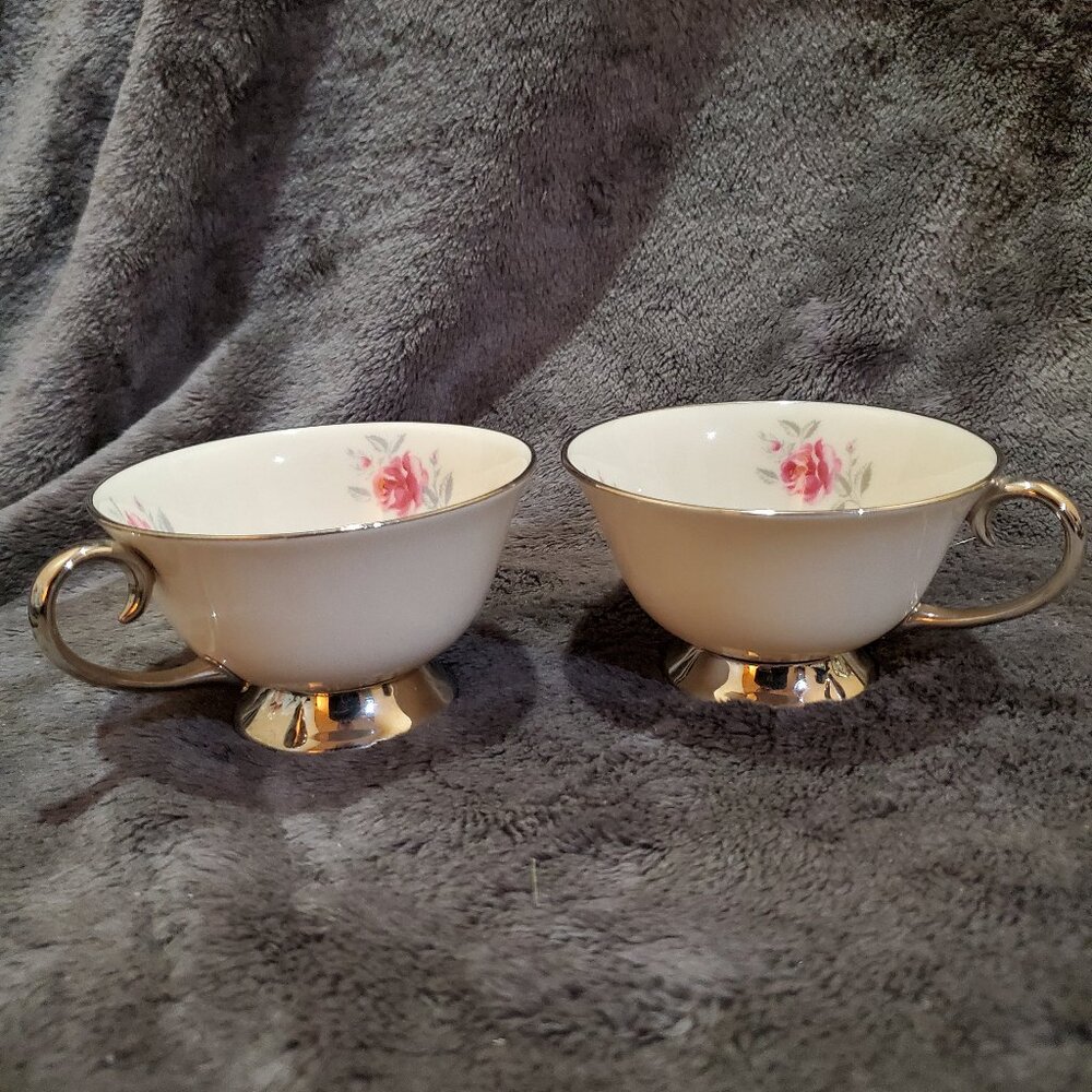 Set of 2 Flintridge China Gray Tea Cup with Roses, Made in California